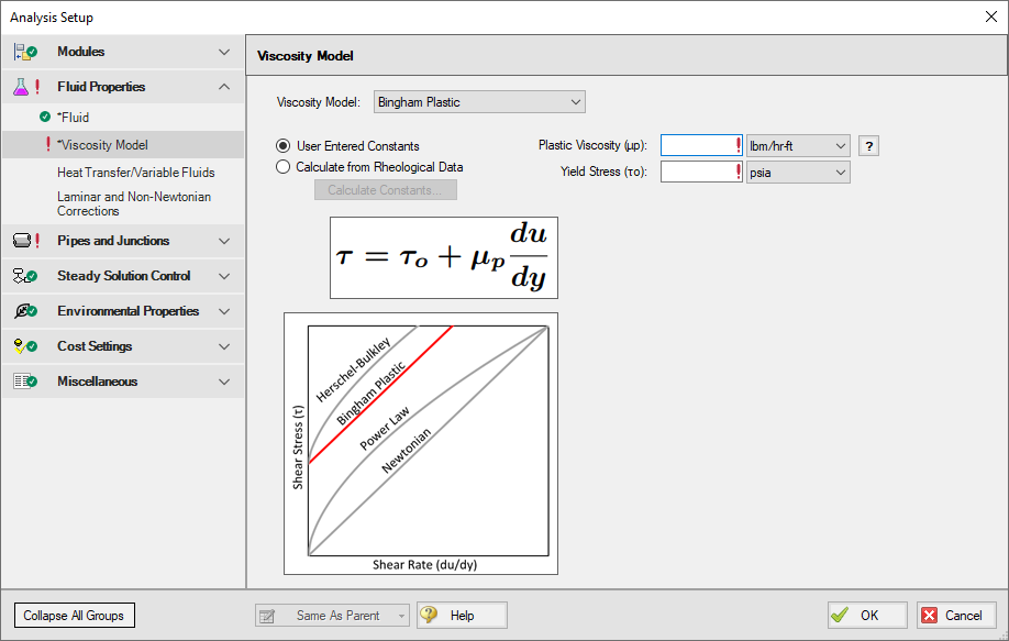 The Viscosity Model panel in Analysis Setup. The Bingham Plastic model is selected for the viscosity model and the option for "User Entered Constants" is selected.